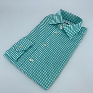 Eton Dress Shirt Mens M 15 1/2 - 39 White Teal Plaid Contemporary Fit Button‎ Up